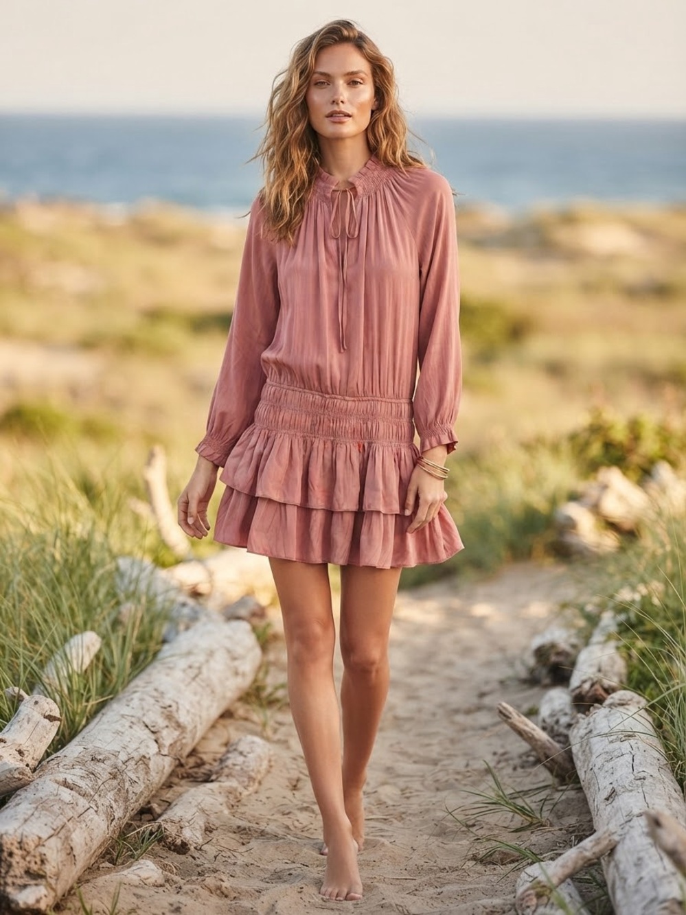 Forever 21 Dusty Rose Ruffle Mini Dress Long Sleeve | Size S | NWT